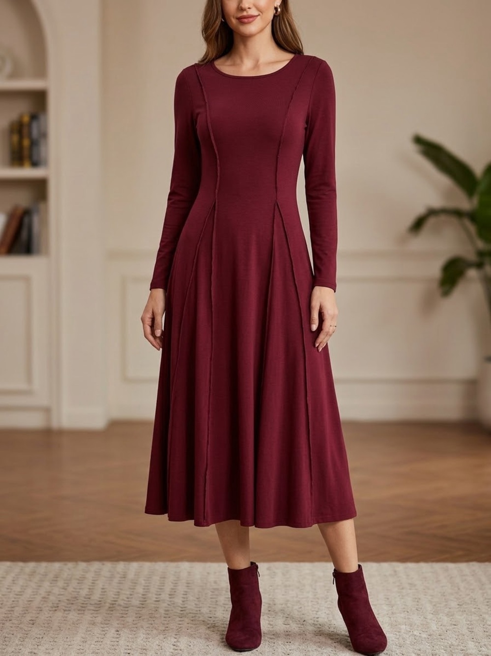 Grace Karin Burgundy Exposed Seam Long Sleeve A-Line Midi Dress M Lagenlook Boho
